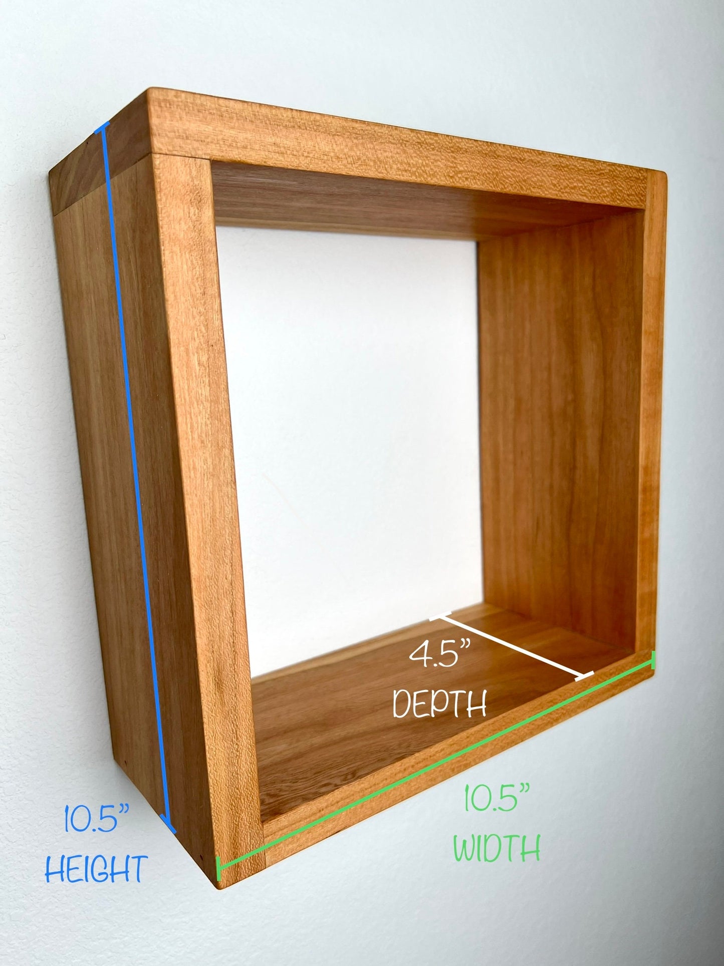 Hardwood cube pictured in Cherry with dimensions