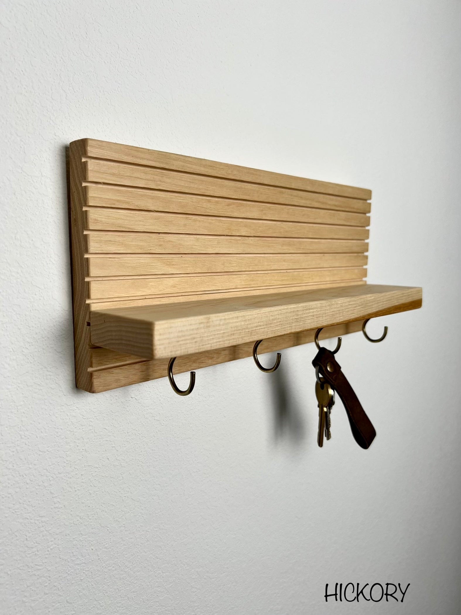 White Oak Entryway organizer shelf with pegs hooks , store mailer